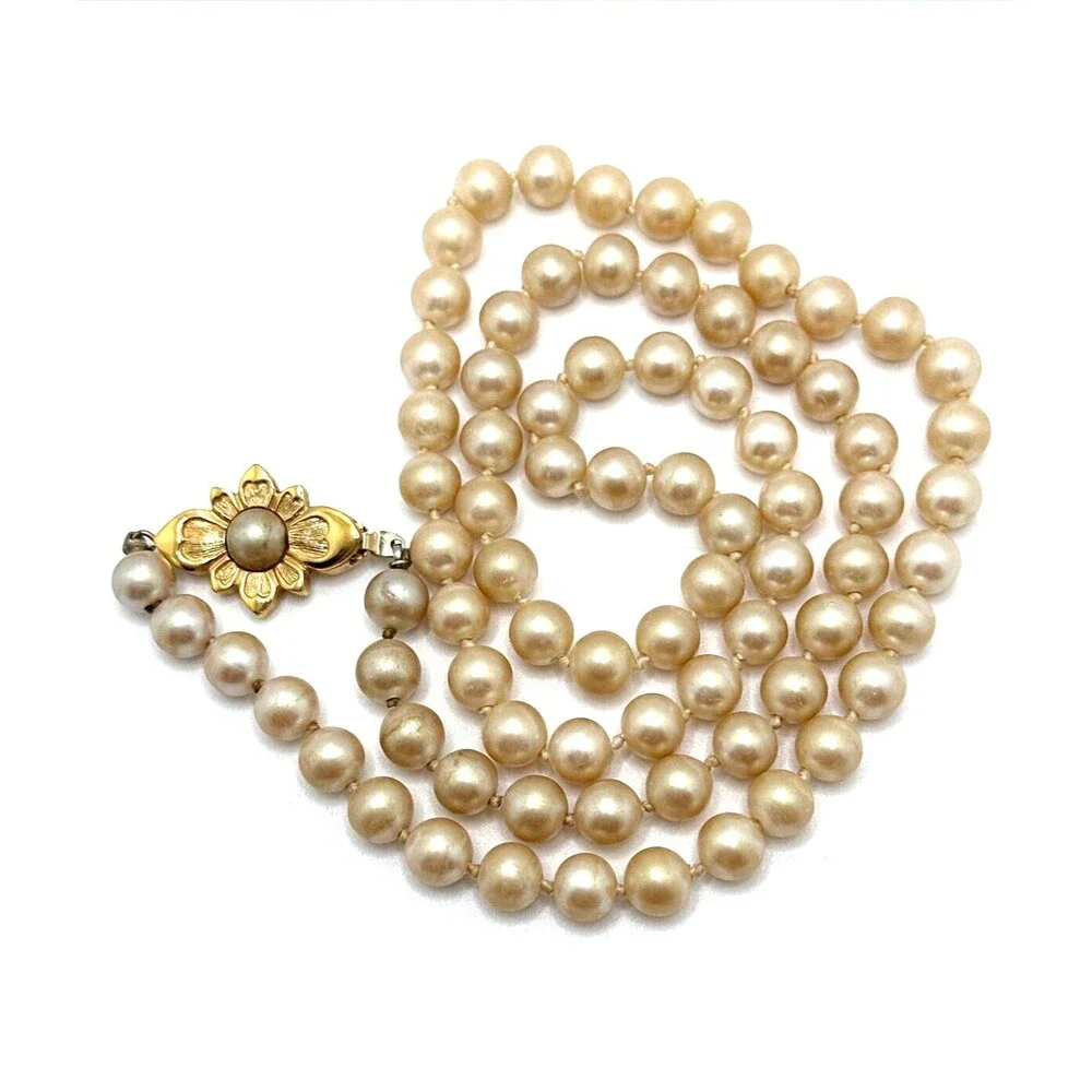 Vintage Faux Pearl Necklace Pale Gold Glass Bead Floral Clasp Statement 28